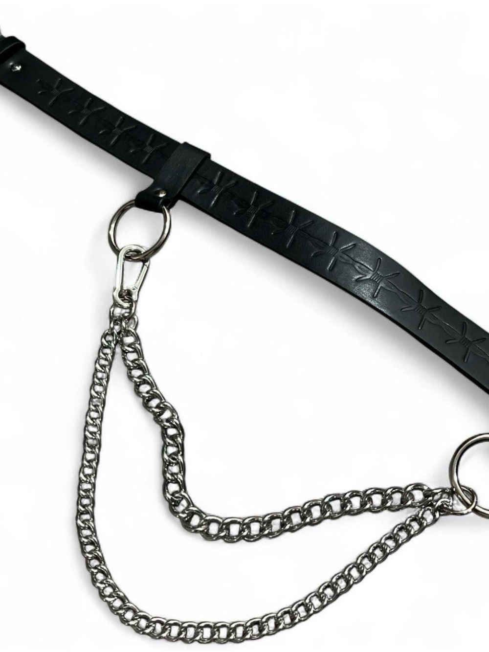 Black Embossed Leather Belt with Silver Chain Detail